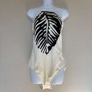 Victoria's Secret One Piece Swimsuit Ivory Black Leaf Halter Women's Size L NWOT